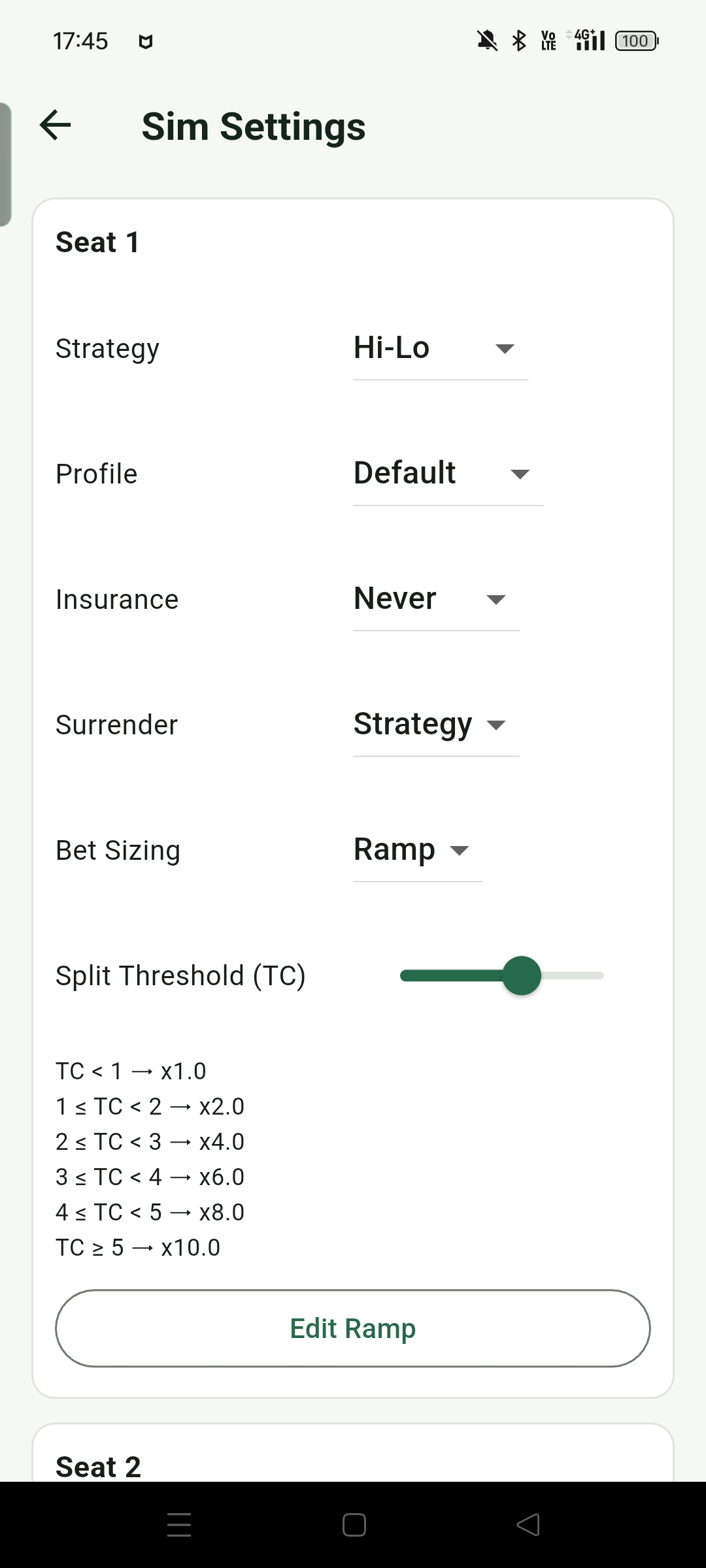 Round Stats は座席数と Split Threshold を調整し、異なる座席戦略を比較できます