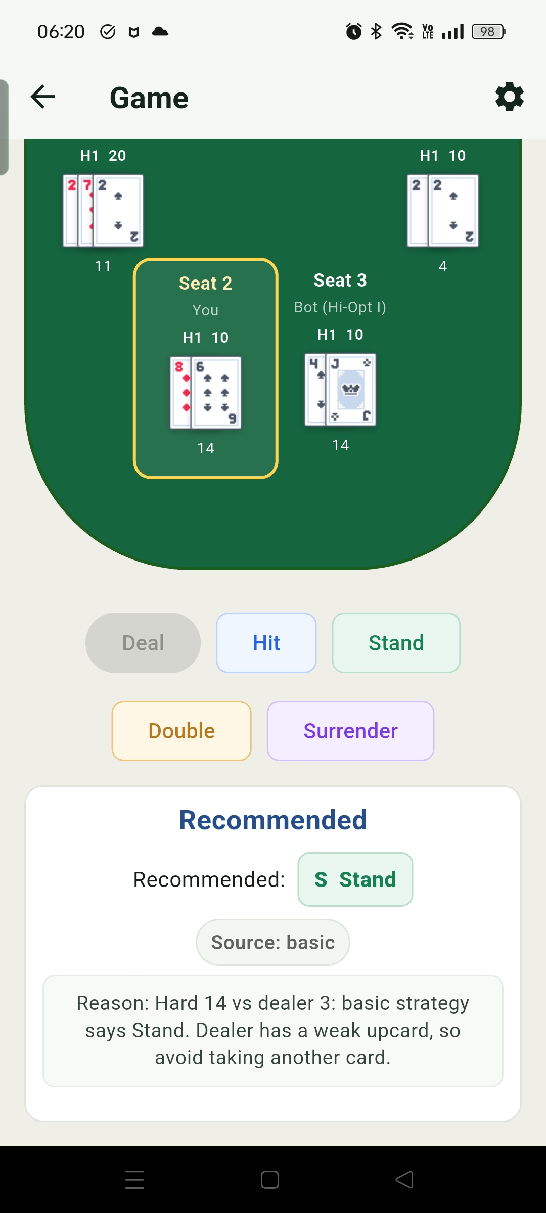 遊戲畫面顯示 Recommended 推薦決策與原因說明