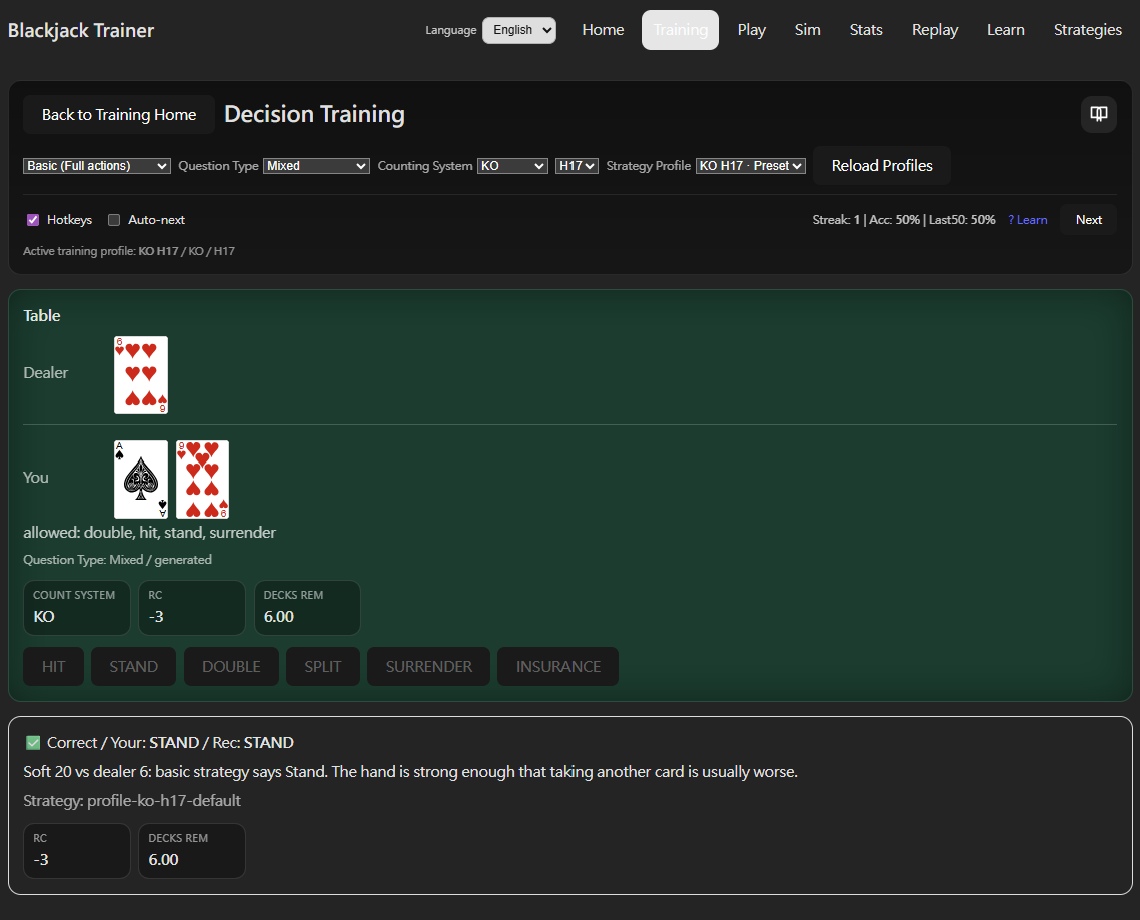 Decision Training screen showing Mode, counting system, table rules, and Strategy Profile options