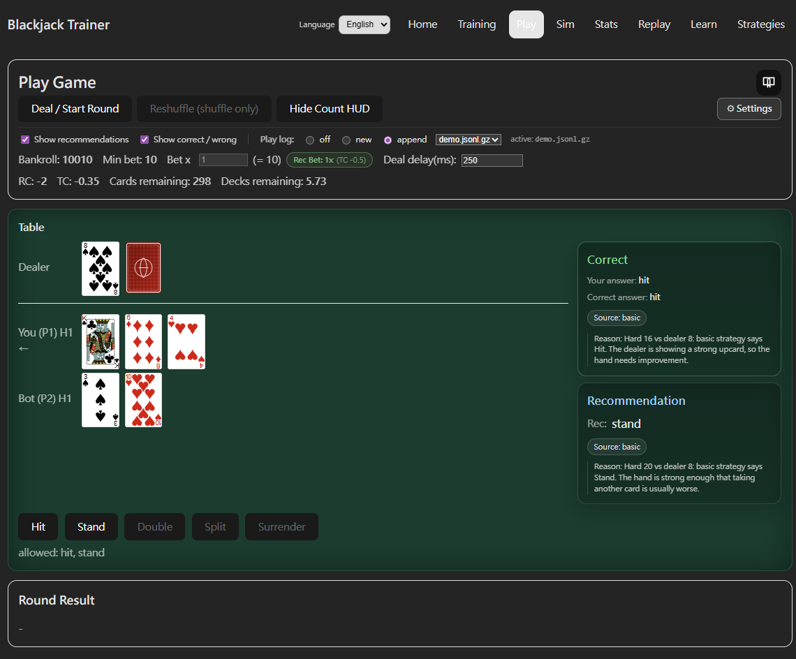 Play game screen showing the table, count HUD, Play log controls, and decision feedback