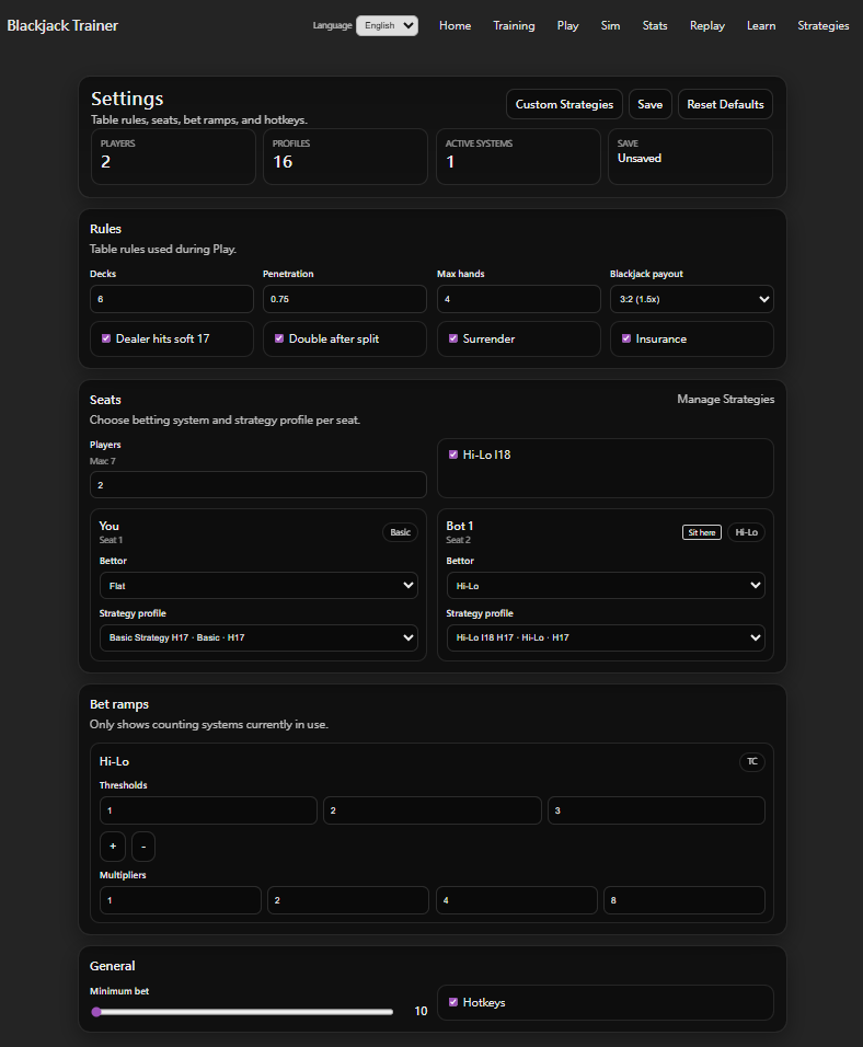 Play settings panel showing Rules, Seats, Bet Ramp, and General options