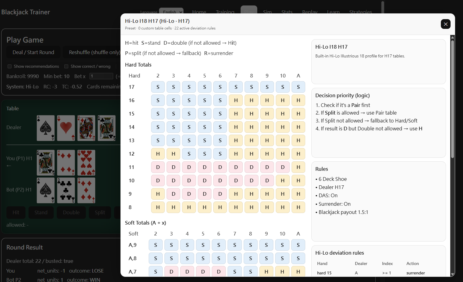 In-game Strategy Table panel showing the Basic Strategy chart and Deviation rules for the active counting system