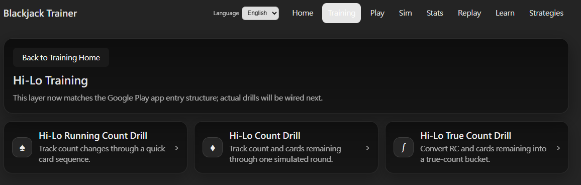 Per-system training entry, shown here for Hi-Lo, with Running Count Drill, Count Drill, and True Count Drill