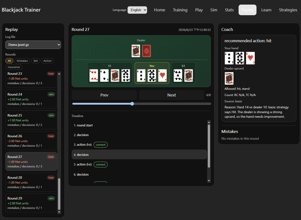 Replay page showing round list with filters, hand-by-hand Timeline, and Coach mistake review