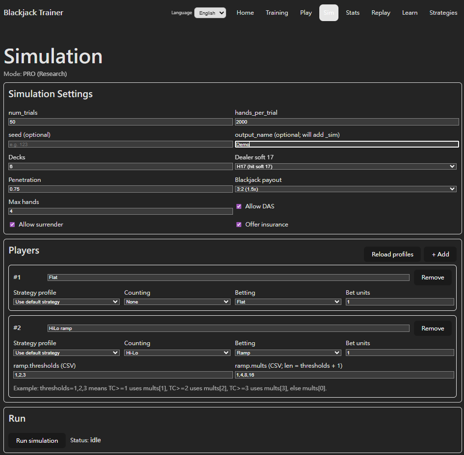 Sim setup page showing Trial settings, table rules, counting system, Bet Ramp, and Output Name options