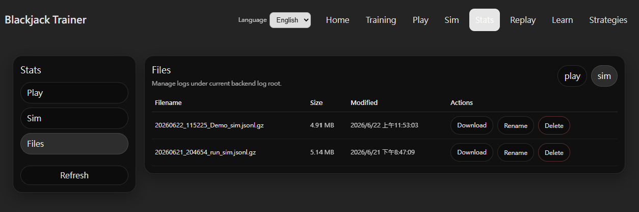 Files tab showing a list of simulation log files with Download, Rename, and Delete actions