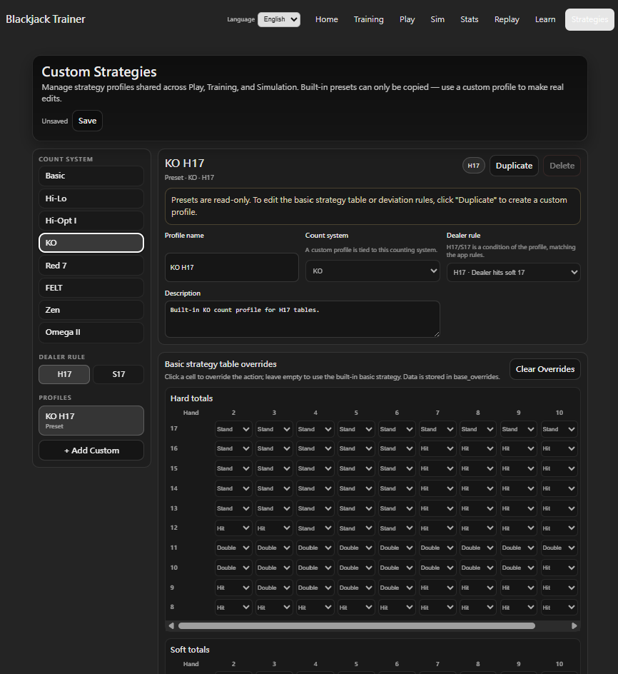 Strategy Table editor showing Hard Totals, Soft Totals, and Pairs tables with override-able action cells