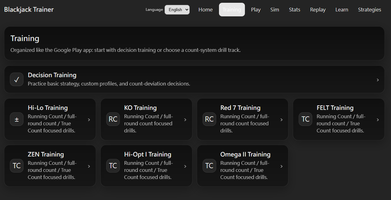Training home screen showing Decision Training and per-system counting drill entries for all seven counting systems
