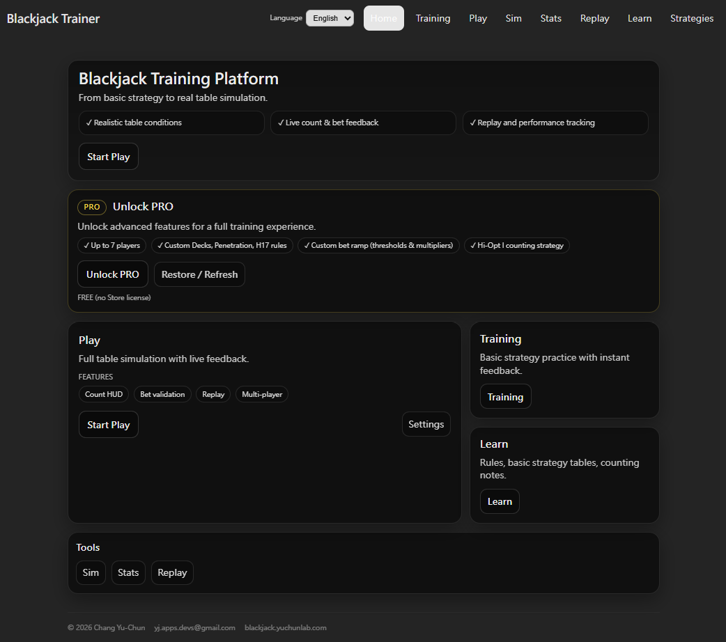 Blackjack Card Counting Trainer PC home screen