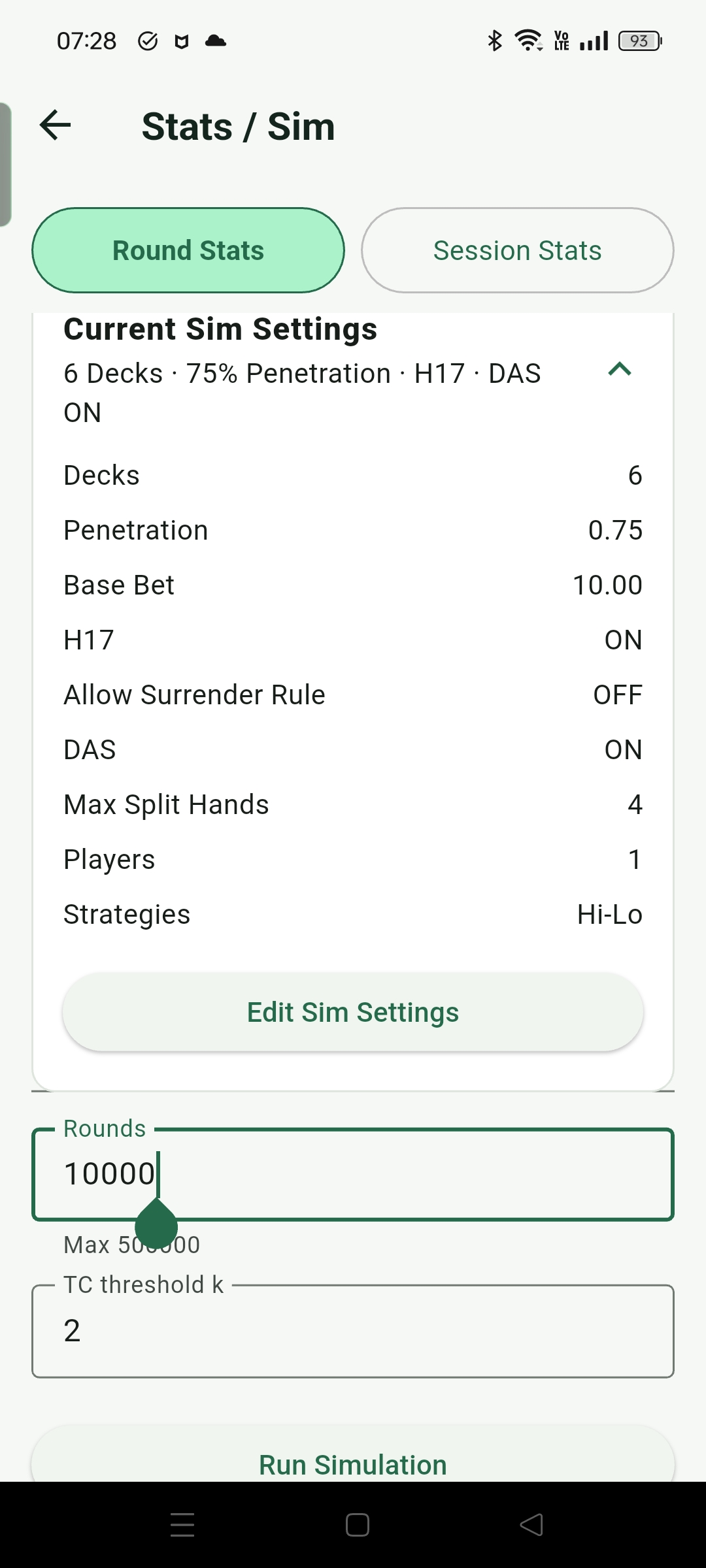 Round Stats 可模擬最多 500000 局並依 TC threshold 分析結果