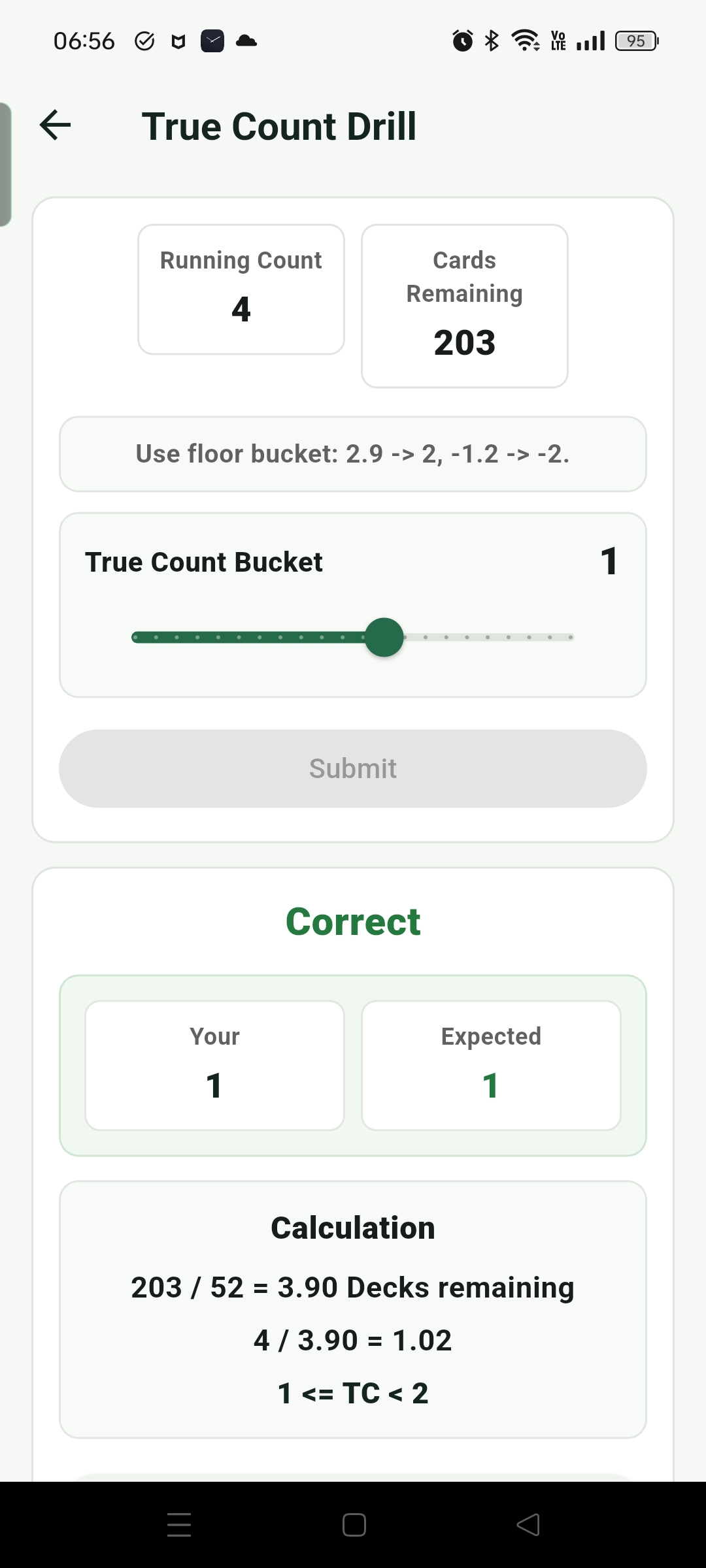 True Count Drill 給 Running Count 和剩餘牌數讓使用者回答 True Count